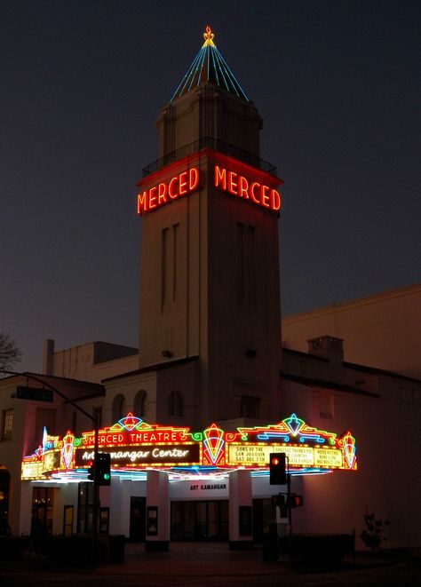 Theatre Tattoo, Merced California, Uc Merced, Old Places, California Bucket List, Theatre Building, Cali Trip, Vintage Neon Signs, California History