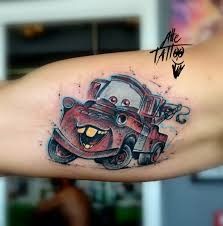 Simple Disney Tattoos, Cute Disney Tattoos, Cartoon Legs, Mc Queen Cars, Cars Tattoo, Mater Cars, Tattoo Flash Sheet, Car Tattoos, Disney Addict