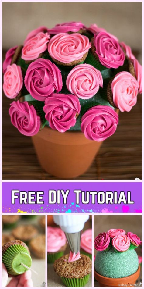 DIY Flower Cupcake Bouquet in Pot Tutorials-DIY Flower Pot Rose Bouquet Recipe Cupcake Rose Bouquet, Cupcakes Bouquet Ideas, Cupcake Bouquet Diy, Diy Flower Cupcakes, Flower Cupcake Bouquet, Rose Cupcake Bouquet, Mini Cupcake Bouquets, Flower Pot Cupcakes, Cupcake Flower Pots