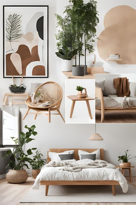 Minimalist Scandinavian bedroom with neutral tones, natural wood furniture, and cozy decor for a calm, modern look. Scandi Bedroom Ideas Scandinavian Design, Colorful Scandinavian Interior, Scandinavian Interior Bedroom, Interior Bedroom Design, Scandi Bedroom, Bedroom Trends, Scandinavian Interiors, Apartment Projects, Interior Bedroom