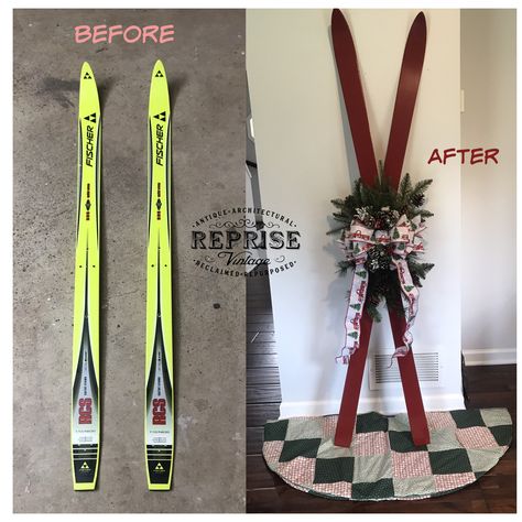 Old Skis Decor, Old Skis Ideas, Old Skis, Rustoleum Spray Paint, Red Spray Paint, Truck Theme, Ski Decor, Mail Gifts, Christmas Porch Decor