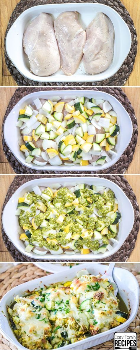 Baked Chicken and Zucchini - Easy Dinner Recipe Chicken Pesto Zucchini, Pesto Chicken And Zucchini, Keto Chicken Zucchini Recipes, Baked Chicken And Squash Recipes, Zucchini And Pesto Recipes, Dinner With Zucchini And Squash, Summer Squash And Chicken Recipes, Yellow Squash Meals, Zucchini And Yellow Squash Recipes Chicken