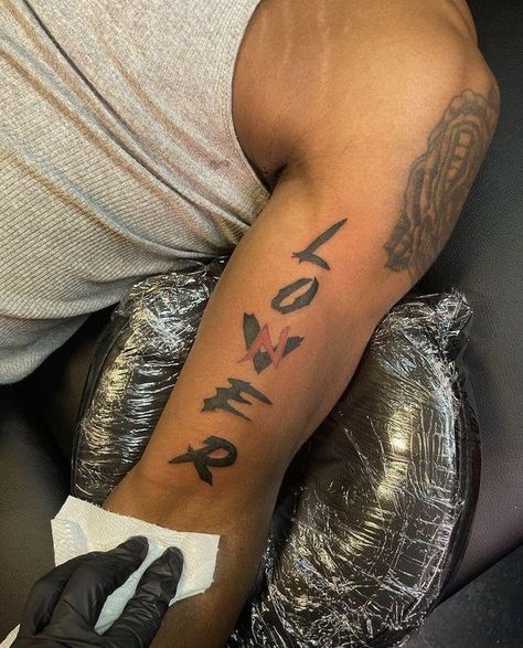 Spiritual Strength Tattoo, Small Upper Arm Tattoos For Guys, 1 Of 1 Tattoo Red Ink Men, Loner Lover Tattoo, Arm Tattoos For Black Guys, Loner Tatoos, Loner Tattoos Men, Creative Tattoo Ideas For Men Unique, Black And White Tattoos For Men