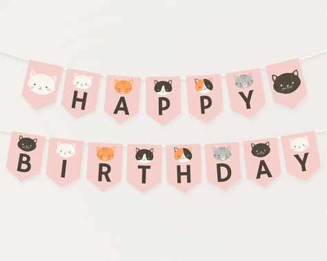 with cute illustrations and graphics to celebrate your kitty's special#birthdayfontstyle #happybirthday #fontdesign #birthdaygreetings #celebrationstyle Birthday Pennant, Birthday Pennant Banner, Party Banner Template, Kitten Birthday Party, Happy Birthday Font, Birthday Banner Template, Kitten Birthday, Birthday Wall, Pennant Banner