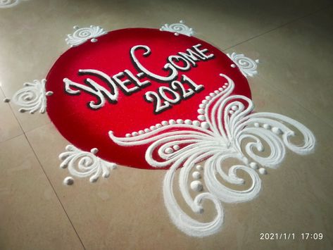 Simple Welcome Rangoli Design, Indian Rangoli Designs Simple, Rangoli Designs Videos, New Year Rangoli Design, New Year Rangoli Designs, Ready Rangoli, Doctor Painting, Welcome Rangoli, Rangoli Designs For Competition