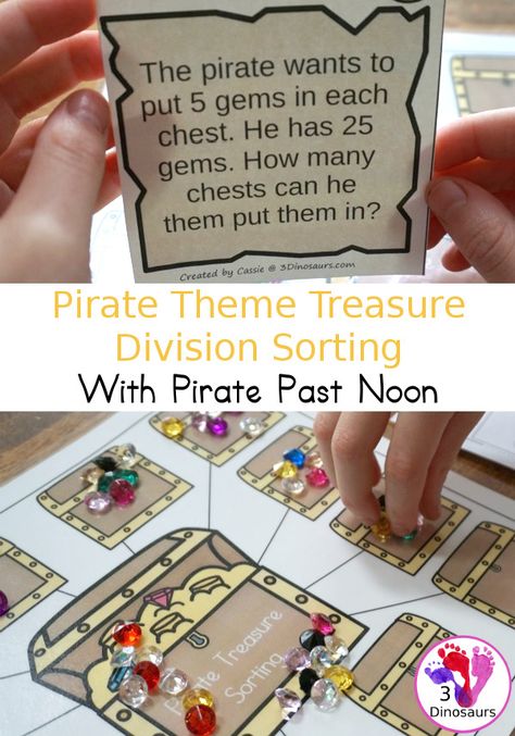 Pirate Treasure Division Sorting Task Cards With Pirate Past Noon | 3 Dinosaurs Pirate Theme Summer Camp Activities, Free Pirate Printables, Pirate Maths Activities, Pirates Activities, Mermaid Activities, Magic Tree House Activities, Pirate Maths, School Tricks, Pirate Week