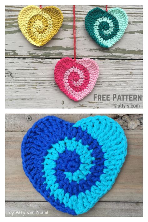 Swirly Heart Free Crochet Pattern Crocheted Keychains, Free Heart Crochet Pattern, Heart Crochet Pattern, Crocheted Hearts, Vintage Crochet Dresses, Spiral Crochet, Crochet Christmas Ornaments Free, Heart Crochet, Crochet Heart Pattern