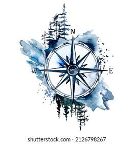 Nautical Painting Ideas, Double Exposure Tattoo, Vintage Compass Tattoo, Watercolor Compass Tattoo, Northern Lights Tattoo, Alaska Tattoo, Compass Art, Drawing Scenery, Vaporwave Art