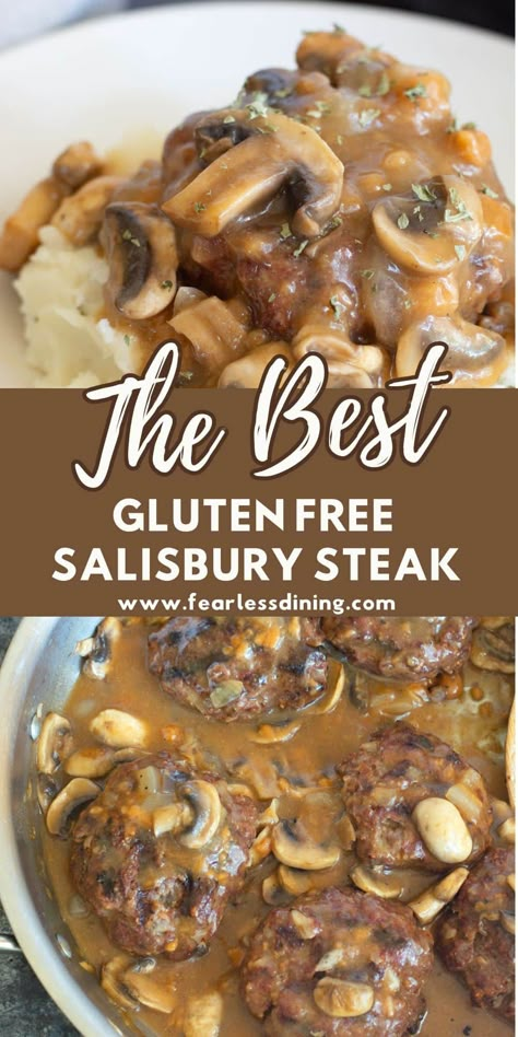 This drool-worthy Gluten Free Salisbury Steak recipe is pure comfort food. The Salisbury steak is smothered in savory mushroom gravy and best served over mashed potatoes. Make it in under 30 minutes. Gf Salisbury Steak, Gluten Free Salsberry Steak Recipes, Hamburger Recipes Gluten Free, Gluten Free Mushroom Gravy, Gluten Free Hamburger Meat Recipes, Gluten Free Beef Gravy, Gluten Free Salisbury Steak Recipe, Gluten Free Salisbury Steak, Gluten Free Hamburger Recipes