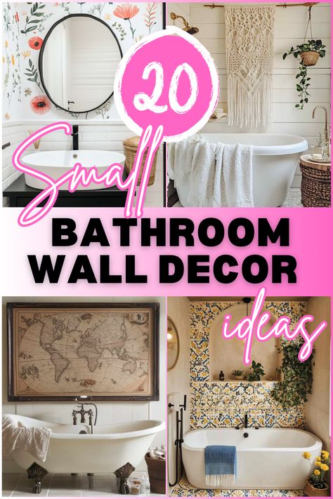 Looking for ways to spruce up a small bathroom? These 20 wall decor ideas are perfect for adding style and organization without taking up floor space. From floating shelves to statement wallpaper, find simple and clever ways to transform your bathroom walls! #SmallBathroomDecor #BathroomWallIdeas #SmallSpaceSolutions #BathroomDecor #HomeDecorTips Small Bath Wall Decor Ideas, Wall Decor For Small Bathroom, Small Bathroom Decor Themes, Bathroom Wall Decal Ideas, Small Bathroom Walls, Half Bathroom Wall Decor, Small Bathroom Wall Decor Ideas, Small Bathroom Wall Decor, Bathroom Art Ideas