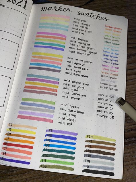 Marker Swatch Ideas, Pen Swatches Bullet Journal, Pen Test Page, Marker Swatches, Bullet Journal Markers, Copic Marker Color Chart, Color Wheel Lesson, Pen Test, Swatch Book