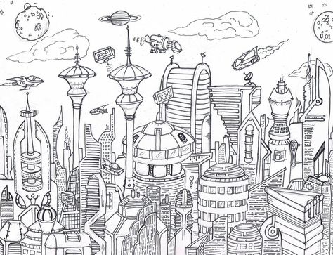 City Colouring Pages, Future Drawing Ideas, Futurism Illustration, Cyberpunk Art Futuristic Architecture, Futuristic Drawing, Cityscape Sketch, Sketch Building, Urban Fantasy Art, Future Drawing