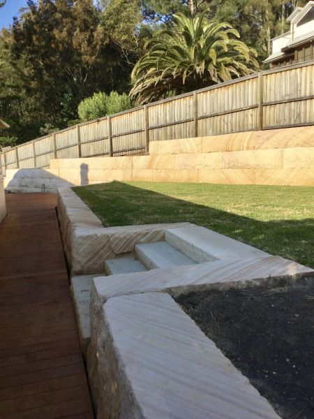 Stair Retaining Wall, Retaining Walls Front Of House, Sandstone Retaining Wall Landscaping, Retaing Walls Landscape, Sandstone Retaining Wall, Landscape Retaining Wall Ideas, Retaining Wall Ideas Hillside Backyard, Sandstone Fence, Sandstone Stairs