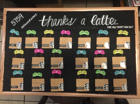 Partner Appreciation Board using mini bags and a small siren logo. Green Apron Board Starbucks, Green Apron Board, Partner Appreciation, Starbucks Partner, Starbucks Crafts, Coffee Chalkboard, Starbucks Art, Starbucks Store, Green Apron