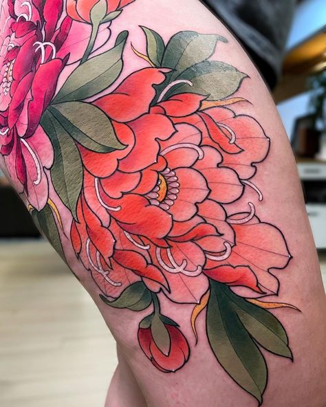 Thank you Jamie-Lee for this peonies 💗🧡 Done during my guest in Toronto at @lamanigancetattootoronto ✨ • #tattoo #tattoos #peony… | Instagram Peony Leaves Tattoo, Peony Neotraditional Tattoo, Green Floral Tattoo, Peony Bud Tattoo, Neotraditional Peony Tattoo, Neo Trad Peony, Neotrad Flowers, Peony Hand Tattoo, Japanese Peony Tattoo