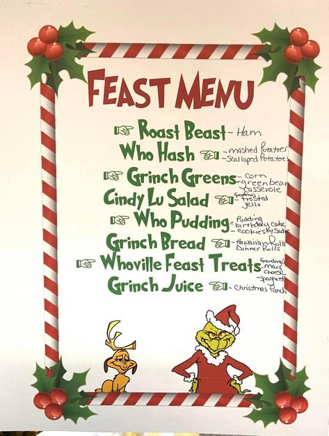 Grinch Menu Printable, Grinch Feast, Grinch Dinner, Disney Wedding Centerpieces, Disney Themed Movie Night, Christmas Candies, The Grinch Movie, Grinch Christmas Party, Whoville Christmas