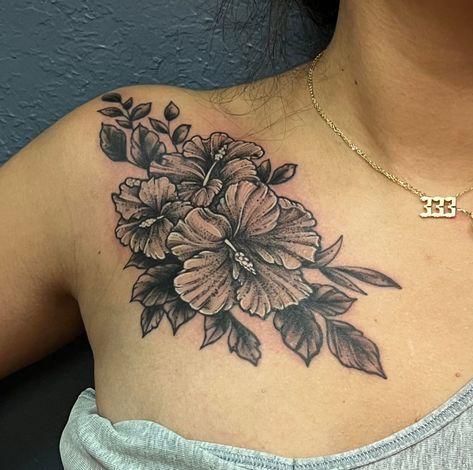 Hibiscus Flower Tattoo, Baddie Tats, Silverthorne Colorado, Hibiscus Flower Tattoos, Front Shoulder Tattoos, Cover Up Tattoos For Women, Floral Tattoo Shoulder, Flower Tattoo Ideas, Small Chest Tattoos