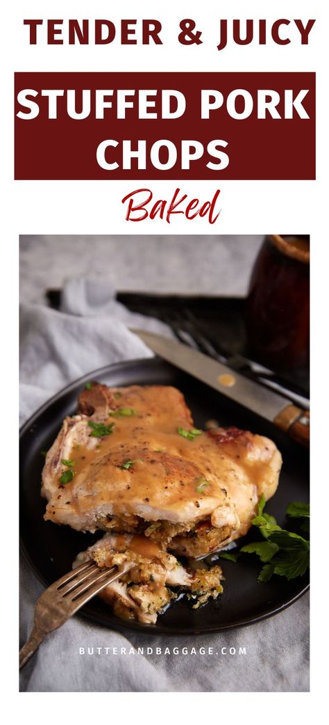 An oven baked stuffed pork chop with gravy on a plate. Stuffed Pork Chop Recipes Baked, Pork Chops And Stuffing In The Oven, Stuffed Pork Chops Baked In Oven, Easy Stuffed Pork Chops, Chicken Marsala Meatballs, Marsala Meatballs, Best Pork Tenderloin, Baked Stuffed Pork Chops, Sausage And Gravy