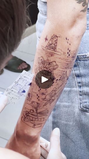 Harry Potter Arm Sleeve Tattoos | Magical designs in a single ink session 🪄 ✨ | By UNILADFacebook Harry Potter Collage Tattoo, Harry Potter Arm Tattoo Ideas, Harry Potter Sleeve Tattoo For Women, Harry Potter Half Sleeve Tattoo, Harry Potter Tattoos Sleeve, Harry Potter Half Sleeve, Harry Potter Sleeve Tattoo, Harry Potter Sleeve, Harry Potter Tattoo Sleeve