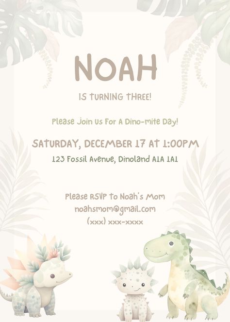 Throw the best dinosaur-themed party of your child's dreams with this adorable editable dinosaur birthday invitation. Download instantly and customize the text in minutes using Canva, then simply print or send electronically as a mobile invite! Printable cards are sized 5"x7" and the mobile version is 1080x1920 pixels, perfect for an Instragram story! 2nd Birthday Card, Dinosaur Invitation, Dinosaur Invitations, Dinosaur Birthday Invitations, Dinosaur Theme Party, The Good Dinosaur, Birthday Invitation Template, Birthday Invitations Kids, Dinosaur Birthday