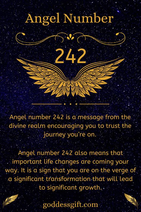 Angel number 242 also means that important life changes are coming your way. It is a sign that you are on the verge of a significant transformation that will lead to significant growth.  Learn more - https://goddessgift.com/angels/242/ . #AngelNumber242 #DivineGuidance #Numerology #SpiritualAwakening #Manifestation #ChangeIsGood #GrowthMindset #SpiritualJourney #NumerologyMeaning #AngelMessages #GoddessGift #ManifestYourDreams 242 Angel Number Meaning, 242 Angel Number, Changes Are Coming, Angel Guide, Star Reading, Angel Number Meanings, Angel Guidance, Divine Guidance, Soul Connection