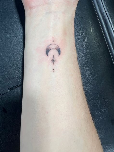 Moon And Stars Tattoo Wrist, Shaded Crescent Moon Tattoo, Moon And Star Wrist Tattoo, Crescent Moon Neck Tattoo, Crescent Moon Shaded Tattoo, Crescent Moon And Star Tattoo, Wanning Crescent Moon Tattoo, Waning And Waxing Crescent Moon Tattoo, Star Wrist Tattoo