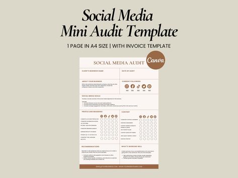 Social Media Audit Template for Social Media Managers and Virtual Assistants | Social Media Platform Audit This is the one page template you need if you offer social media audits for your clients. All the information you need to include is provided, and it is easily customizable to meet the social media platforms you are auditing. ✅ Fully Editable Canva Template ✅ Very Easy to Use HOW DOES IT WORK? 1. After your purchase you will be able to download a PDF file with a link to access the template. Instagram Audit Template, Social Media Audit Template, Social Media Audit, Template For Social Media, Social Media Analytics, Social Media Planner, Business Case, Discovery Call, Invoice Template