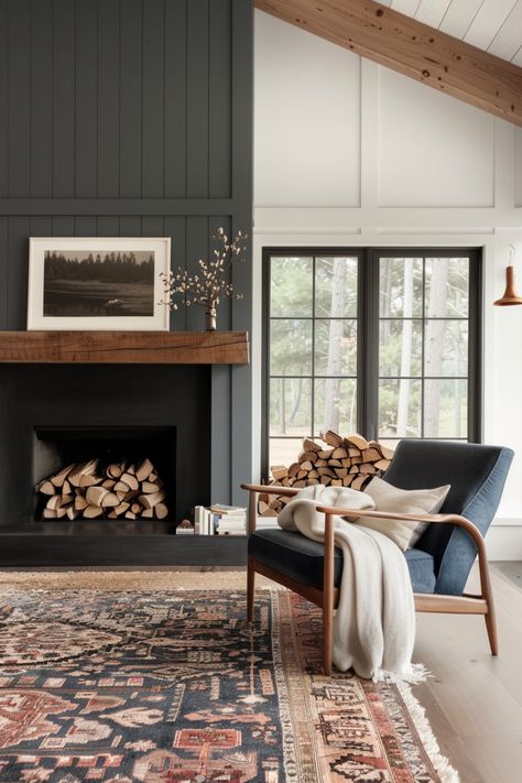 Design the perfect living room with these black shiplap fireplace tips. Black Wood Ceiling Living Room, Boho Living Room Fireplace, Shiplap With Tile, Shiplap Living Room Ideas, Black Fireplace Bedroom, Fireplace Mid Century, All Shiplap Room, Wood In Fireplace Stacked, Dark Modern Fireplace