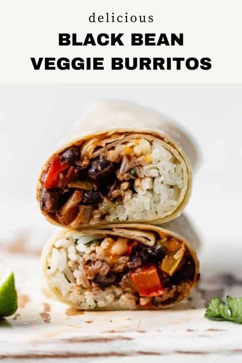 These Black Bean Veggie Burritos are loaded with cilantro lime rice and spicy chipotle black beans for a hearty and filling meal with 15 grams of protein and 9 grams of fibre. Prep these burritos in advance and store them in your freezer to have on hand whenever the burrito-mood strikes! This black bean veggie burrito recipe is gluten-free, vegan and vegetarian friendly. You'll love this easy-to-make burrito recipe! Veggie Black Bean Burritos, Black Bean Wraps Recipes, Veg Burrito Recipe, Vegetarian Burrito Recipe, Veggie Burritos, Vegetarian Burritos, Dairy Free Ideas, Vegetarian Burrito, Black Bean Burrito