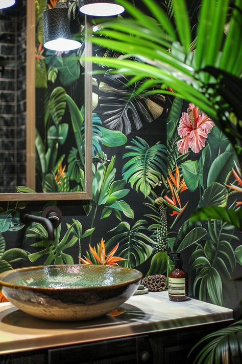 15 Stunning Bathroom Wallpaper Trends to Try Now 25 Toilets With Wallpaper, Boho Jungle Bathroom, Bathroom No Windows, Bold Wallpaper Bathroom, Small Shower Room Ideas, Bathroom Jungle, Bathroom Wallpaper Trends, Mural Jungle, Jungle Bathroom