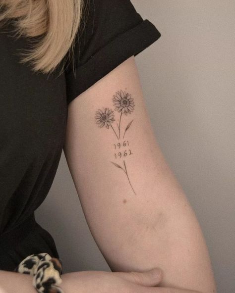 Gerbera Flower Tattoo, Gerbera Flower Bouquet, Gerbera Daisy Tattoo, Daisy Tattoo Ideas, Groovy Glam, Matching Tattoos For Couples, Daisy Tattoo Designs, Tiny Flower Tattoos, Tattoos For Couples