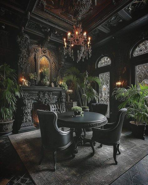 Dark Gothic House, Goth Dining Room, Bat Project, Lego Haunted House, Gothic Dining Room, Gothic Victorian House, Gothic Manor, Moody Home Decor, Goth Houses