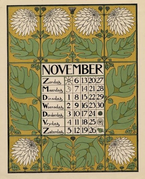 November Activities, Calendar Art, Cottage Core Decor, Nature Colors, Vintage Calendar, Collateral Design, Art Calendar, Art Nouveau Design, Calendar Design