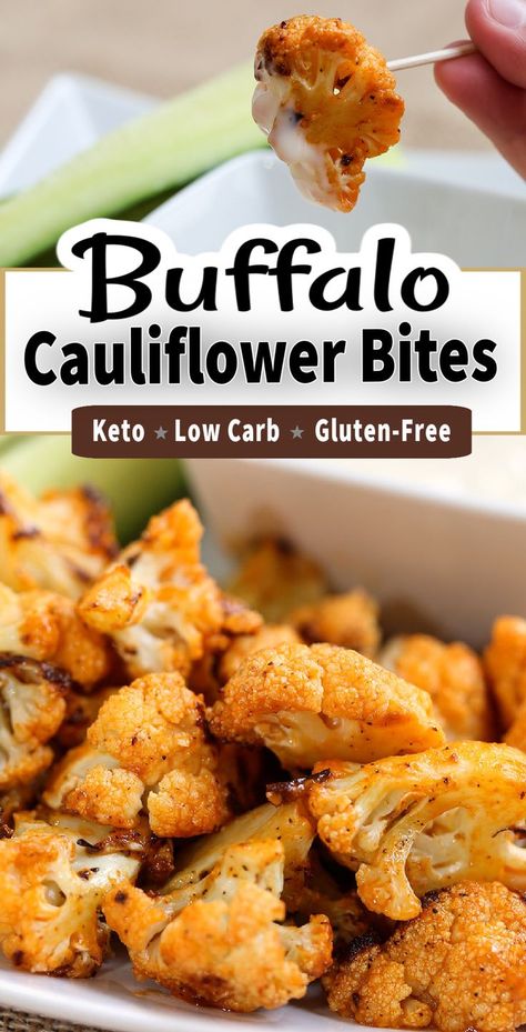 These Buffalo Cauliflower Bites are a spicy party appetizer that is a healthier low carb vegetarian version to chicken wings. Keto and Gluten-Free too! #appetizer #healthyrecipe Keto Cauliflower Buffalo Bites, Cauliflower Chicken Wings, Buffalo Cauliflower Recipe, Low Calorie Buffalo Chicken Recipes, Cauliflower Appetizer Recipes, Gluten Free Buffalo Cauliflower, Keto Cauliflower Wings, Keto Buffalo Cauliflower, Chicken Wings Keto