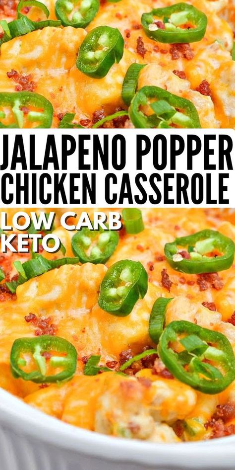 Low Carb Jalapeno Popper Chicken Casserole - Add some heat to the dinner table! Keto jalapeno popper casserole bursts with spicy flavor and creamy chicken, topped with crispy bacon. #lowcarb #lowcarbdiet #Lowcarbjalapenopoppercasserole #jalapenopopperchickencasserole #jalapenopopper #chickencasserole #chicken #casseroles #dinnerideas #food #recipes Fresh Jalapeno Recipes Healthy, Jalapeño Popper Chicken Bake With Broccoli, Jalopena Popper Chicken Casserole Recipe, Jalapeño Chicken Casserole, Keto Jalapeno Popper Chicken, Jalapeno Popper Casserole, Jalapeno Popper Chicken Casserole, Keto 2023, Popper Chicken Casserole