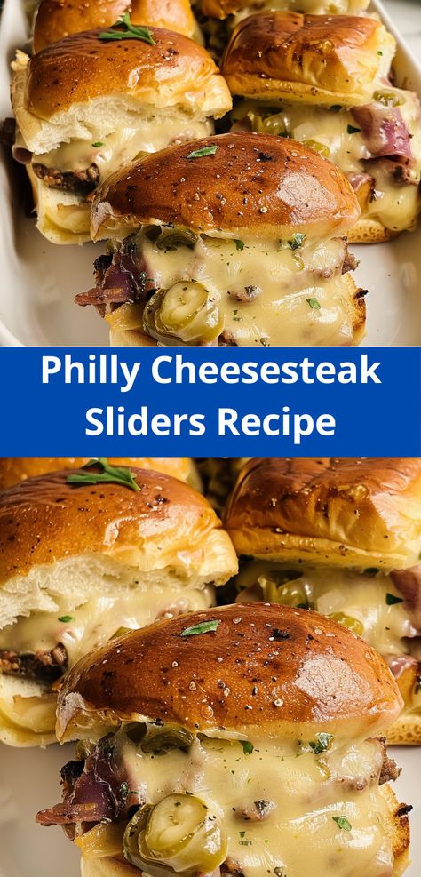 Philly Cheesesteak Sliders with beef, cheese, and peppers. Quick, easy, and tasty for any occasion! Philly Cheese Steak Rolls Recipe, Cheesteak Sliders Philly, Philly Cheesecake Sliders, Philly Cheese Sliders, Cheesecake Sliders, Philly Sliders, Sliders Beef, Cheese Steak Sliders, Philly Cheesesteak Sliders Recipe