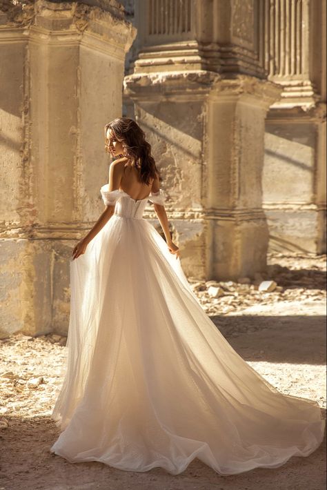 Flowy Ethereal Wedding Dress, Flowy Wedding Dress Whimsical, Ethereal Wedding Dress, Wedding Dresses Whimsical, Off Shoulder Sleeves, Glitter Wedding Dress, Dreamy Wedding Dress, Cuffing Season, Sparkly Wedding Dress