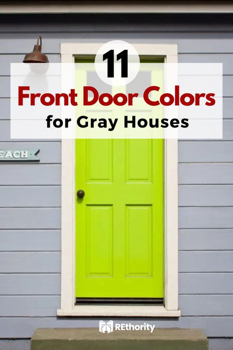 Are you having trouble deciding on a front door color for your gray house? Look no further! From subtle hues of gray to the most vibrant colors of the rainbow, this article will provide you with the best ideas for finding the perfect front door color for your gray house. Read on to discover the perfect color combination for your home. Colored Front Doors On Gray Houses, Gray House Colored Door, Purple Front Door Grey House, Accent Front Door Color Grey House, Front Door Colors For Light Gray House, Gray House Door Color Ideas, Light Gray House Front Door Color, Grey House Door Color Ideas, Front Door Colors With Gray Siding