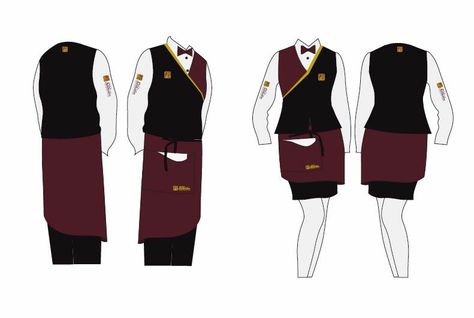 Designed by Calipso #donebycalipso Waiter Outfit Drawing, Bar Staff Uniform, Restaurant Uniform Design, Hotel Uniform Design, Waiter Outfit, Bar Uniform, Restaurant Uniform, Cafe Dress, Cafe Uniform