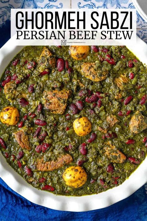 Ghormeh Sabzi is an intensely flavorful Persian beef stew with dried limes, fenugreek leaves and fresh herbs fried until concentrated. Try it with this easy Ghormeh Sabzi recipe! Persian Beef Stew, Persian Beef, Dried Limes, Dried Lime, Walnut Chicken, Iranian Recipes, The Mediterranean Dish, Potato Patties, Persian Cuisine