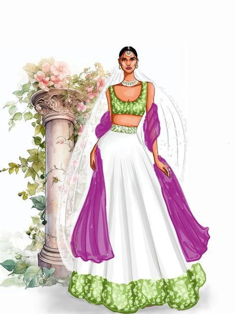 Indian Lehenga design Fashion Illustration Indian, Fusion Lehenga, Lehenga Illustration, Illustration Indian, Wardrobe Planner, Wedding Caricature, Lehenga Design, Green Lehenga, Indian Lehenga