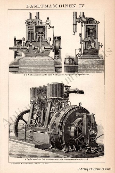 Antique, original lithograph from 1892 - Steam Engines. Old print comes from "Brockhaus Konversations Lexikon", antique engraving, print for framing Lithography Prints, Leipzig Germany, Industrial Machinery, Industrial Photography, Steam Engines, Heavy Machinery, Industrial Revolution, Lithograph Print, Steam Engine