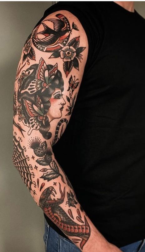 Traditional Tattoo Upper Arm, Tattoos Upper Arm, Ship Tattoo Sleeves, American Traditional Tattoos, Traditional Tattoo Inspiration, Traditional Style Tattoo, Traditional Sleeve, Traditional Tattoo Sleeve, Upper Arm Tattoos