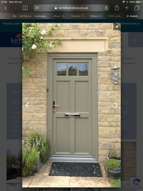 RAL 7002 OLIVE GREY Ral 7002 Olive Grey, Grey Green Windows Exterior, Olive Green Windows, Olive Green Front Door, Olive Front Door, Front Doors Uk, Exterior House Doors, Black Exterior Doors, Outdoor Shutters