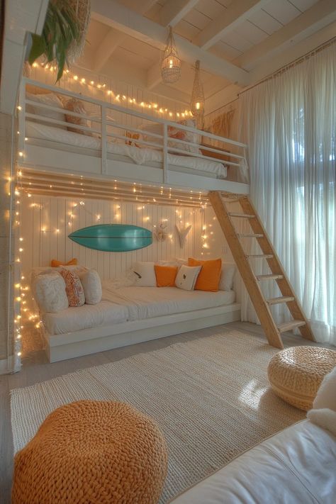 29 Coastal Preppy Teen Bedroom Ideas to Bring a Splash of Coastal Charm 7 Beachy Loft Bed, Preppy Room Green, Preppy Beachy Room Ideas, Preppy Beach Room, Teen Beach Room, Preppy Teen Room, Preppy Teen Bedroom, Bedroom Ideas Beach, High Loft Bed