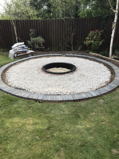 Fire Pits Backyard Circle, Half Circle Fire Pit Area, Fire Pit Circle, Round Boma Ideas Fire Pits, Round Fire Pit Area With Gravel, Guest House Shed, Patio Plan, Backyard Envy, Outdoor Fire Pit Area