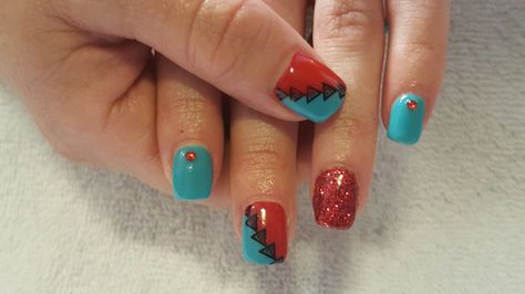 Turquoise and Red Teal And Red Nails, Turquoise And Red Nails, Red And Turquoise Nails, Teal Nail Designs, Red And White Nails, Eye Clothes, Western Nails, Nail Color Combos, Teal Nails