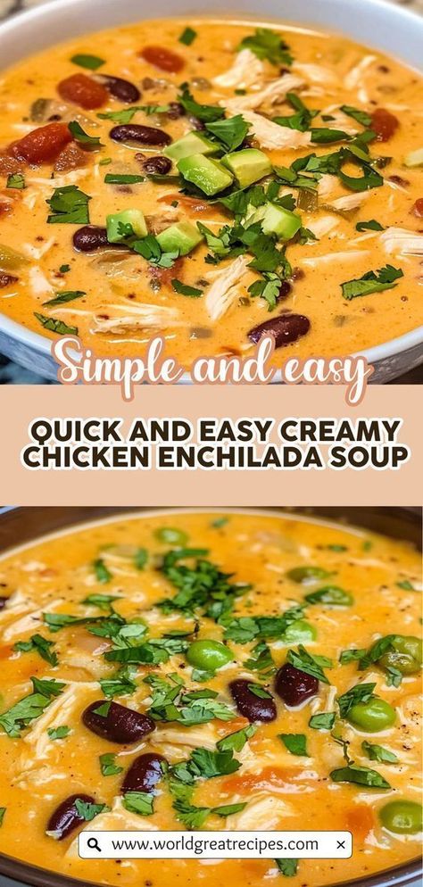 Craving a satisfying meal that won’t take hours to prepare? Try this Quick and Easy Creamy Chicken Enchilada Soup! This recipe combines the delicious essence of chicken enchiladas into a creamy, flavorful soup that's ready in under 30 minutes. With wholesome ingredients and a simple cooking process, you can create a comforting bowl of goodness that’s perfect for any occasion. Creamy Chicken Enchilada Soup, Quick Easy Family Meals, Creamy Enchilada, Chicken Enchilada Soup Recipes, Enchilada Soup Recipe, Easy Creamy Chicken, Cozy Dinners, Creamy Chicken Enchiladas, Gourmet Dishes