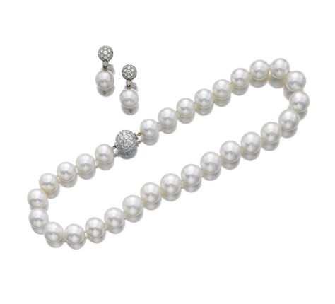 (#525) Cultured pearl and diamond demi-parure Pearl Bracelet, Silver Bracelet, Auction, Diamonds, Bracelet, Silver