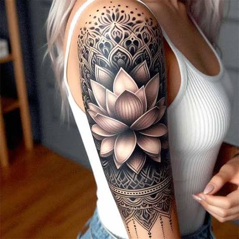 Forarm Tattoos Mandala, Flower Medallion Tattoo, Crystal Forearm Tattoo, Lateral Arm Tattoo, Lotus Tattoo Sleeve For Women, Back Shoulder Tattoos For Women Cover Up Lotus Flowers, Left Forearm Tattoos For Women, Delicate Half Sleeve Tattoos For Women, Lotus And Mandala Tattoo